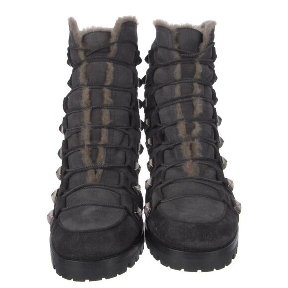 christian louboutin Authentic Gray Black Suede Leather Heel Combat Boots 8 - Picture 3 of 8